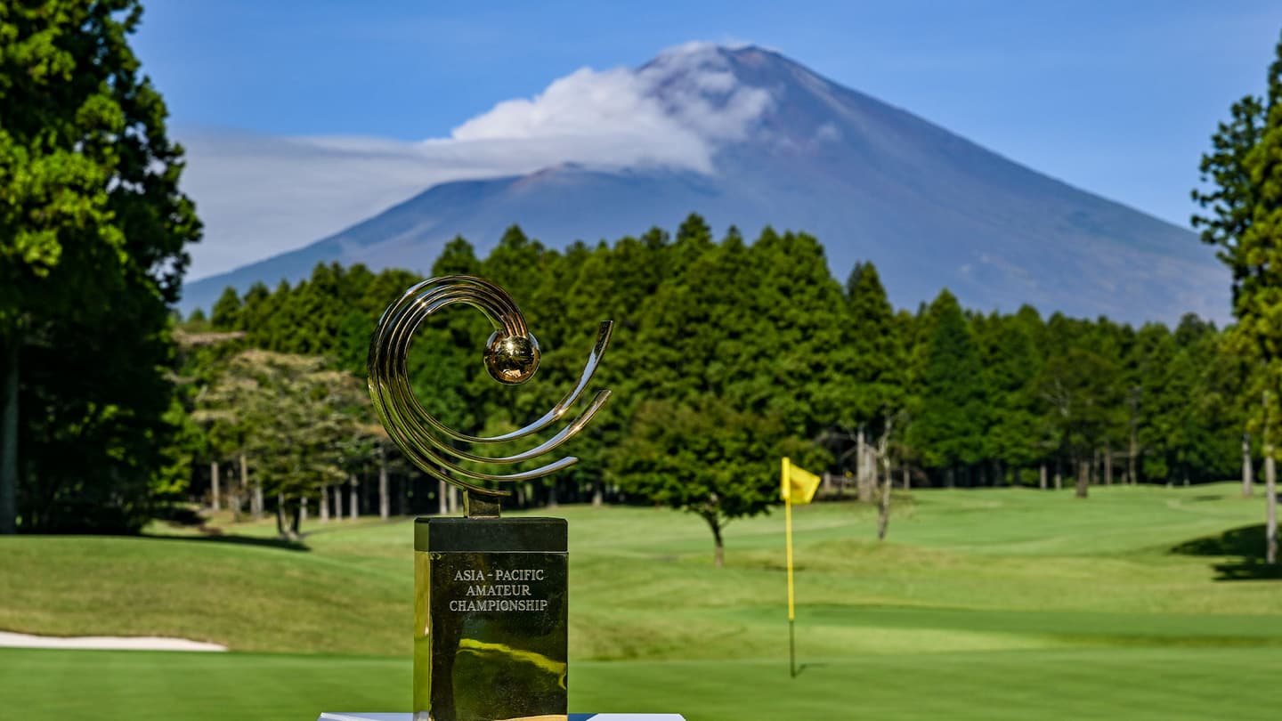 A golf course with a majestic, snow-capped mountain in the background, surrounded by lush green trees and a sculpture in the foreground.