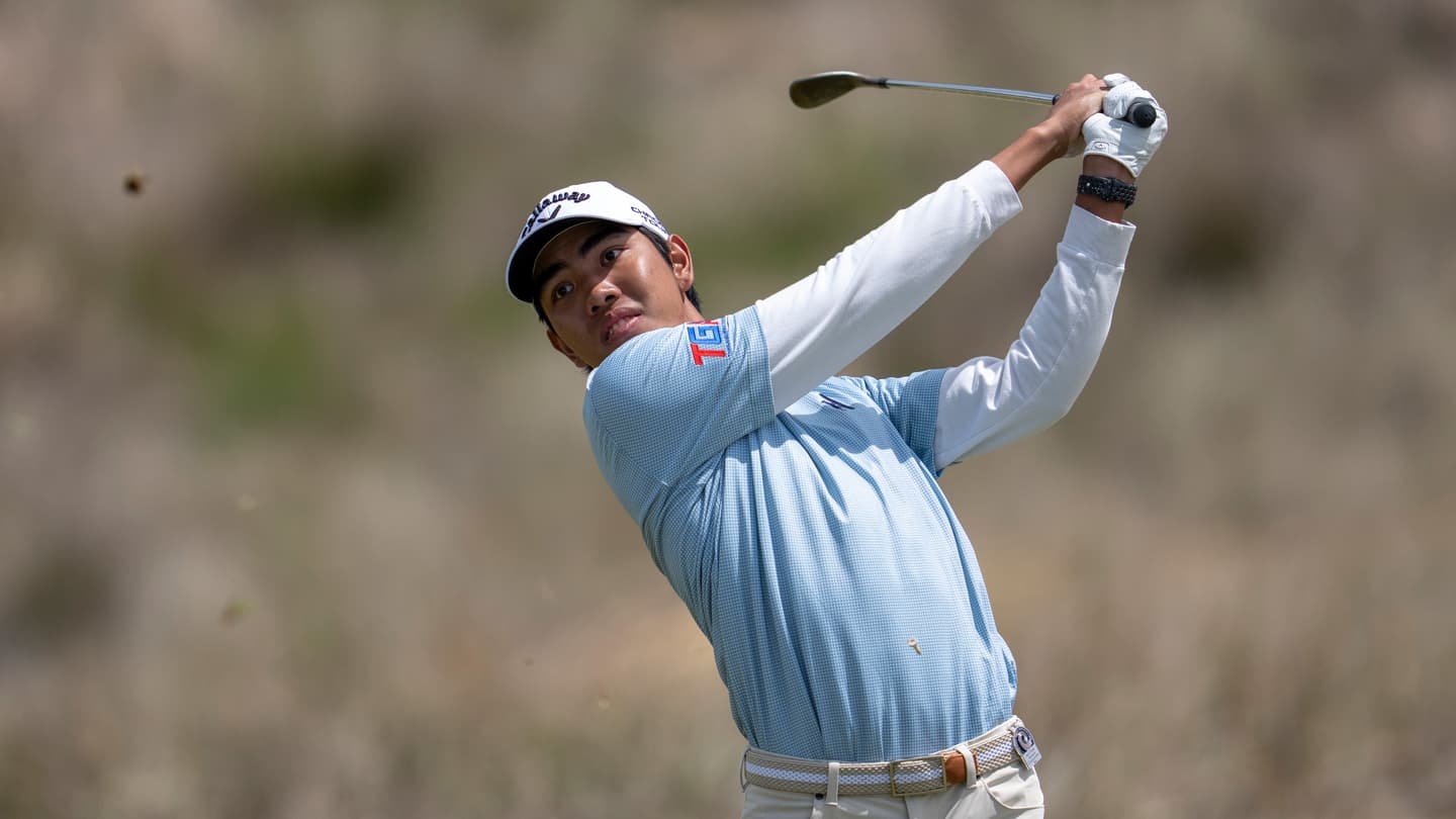 Fifa Laopakdee of Thailand plays his stroke from the No. 5 tee during the first round of the 2026 Asia-Pacific Amateur Championship